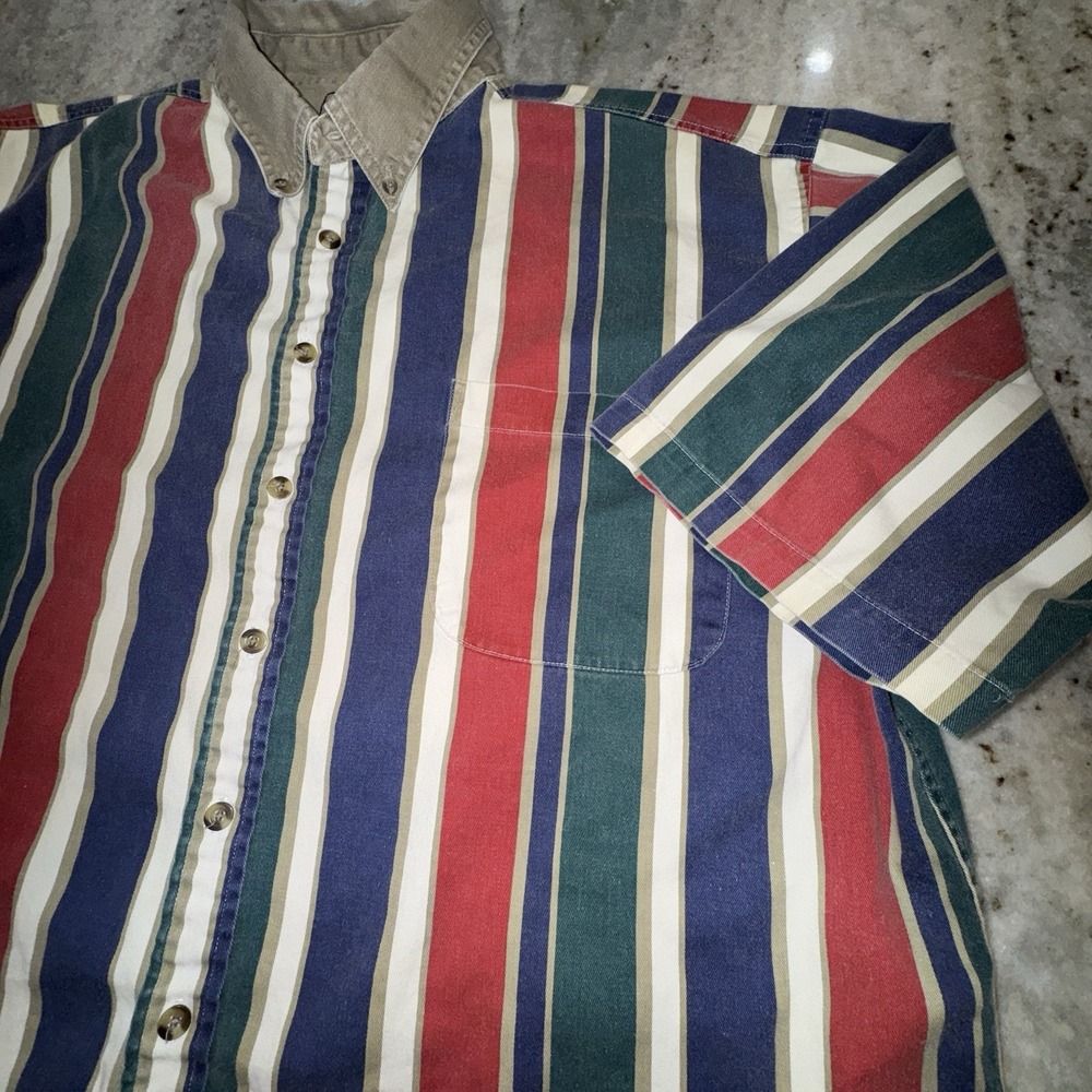 VTG 90s Halifax Button Down Short Sleeve Shirt Vertical Stripe Collar Sz XL Prep